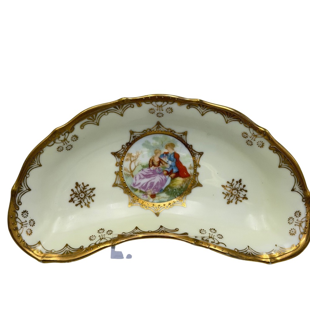 Vtg Arnart Japan Porcelain Crescent Bone Dish Courting Couple Gold‎ Gilt Trinket